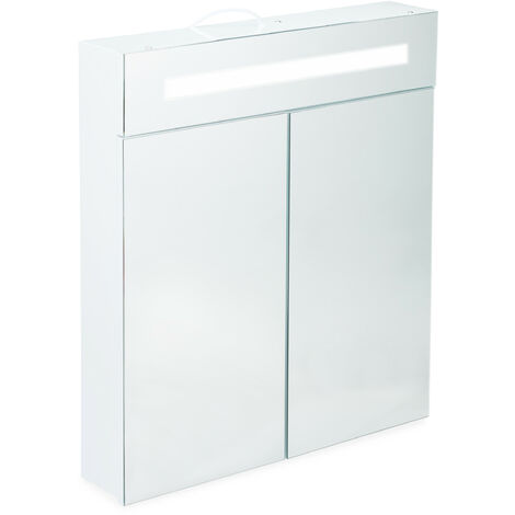  Armario con espejo, LED, Dos puertas, Tres compartimentos, Con luz, Para pared, Blanco, 67 x 60 x 12 cm