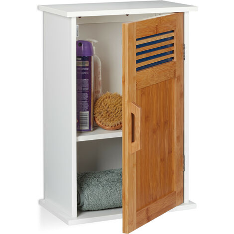 Relaxdays Armario de baño, MDF, Bambú, Una puerta, Dos estantes, Blanco y marrón, 51,5 x 35 x 20 cm