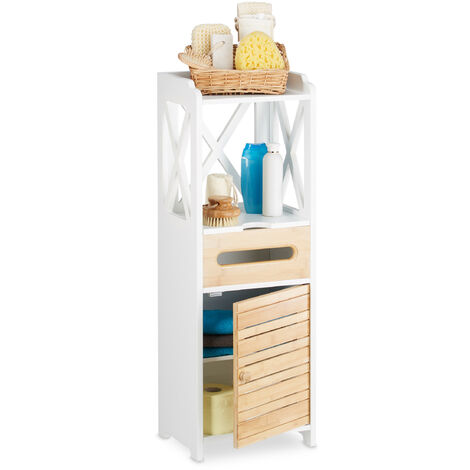   Armario estantería con 5 estantes, puerta y cajón dispensador, baño y cocina, estrecho, bambú, 89cm, blanco