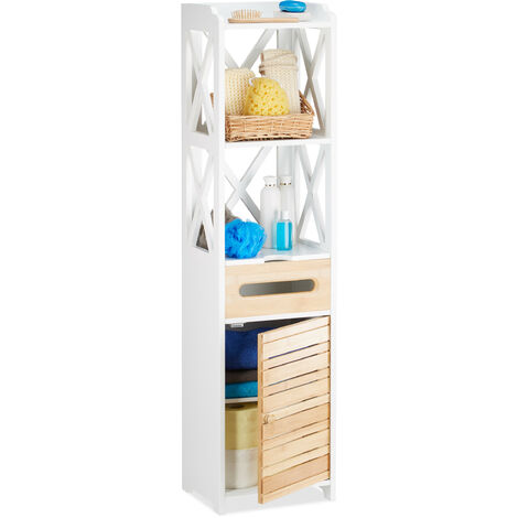   Armario estantería con 6 estantes, puerta y cajón dispensador, baño y cocina, estrecho, bambú, 121cm, blanco