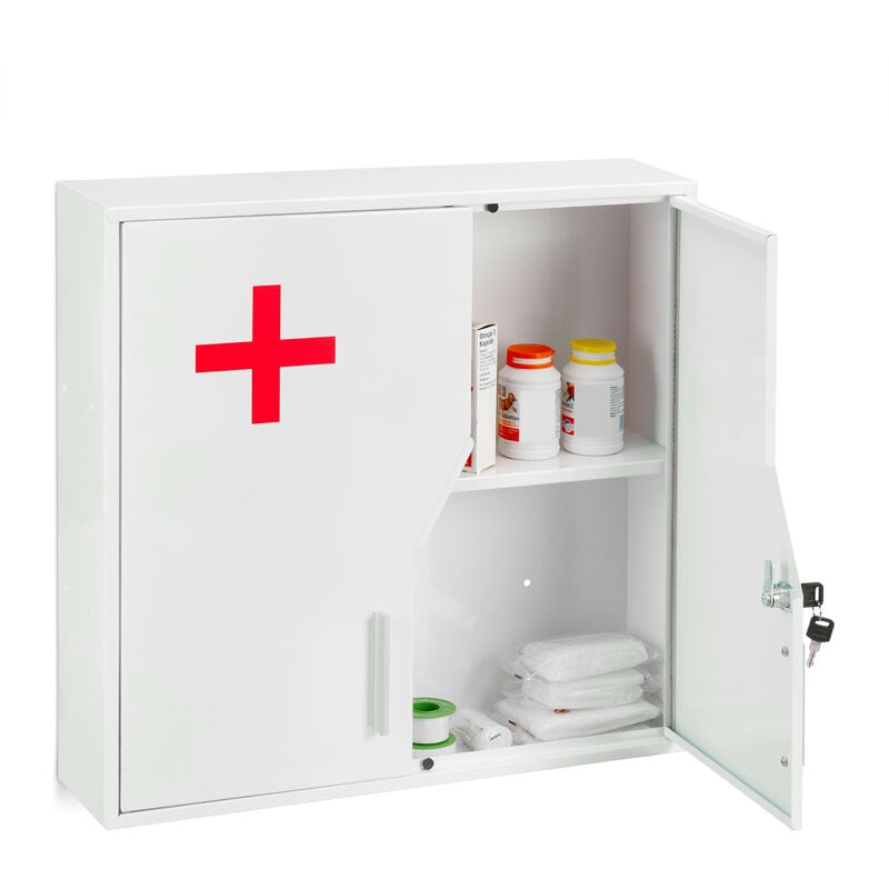 Armoire à pharmacie, verrouillable, 5 compartiments, acier, HxLxP: 53 x 53 x 14,5 cm, double porte, blanche - Relaxdays