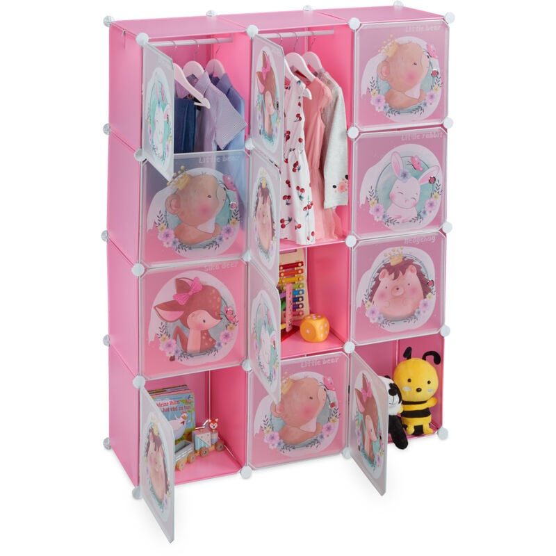 Armoire chambre d'enfant, modulable, 2 tringle à vêtements, diy, étagère, hlp 145x110x37 cm, rose - Relaxdays