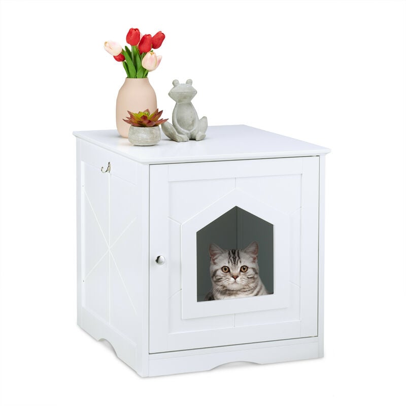 Armoire à chat, large entrée, porte aimantée, trous d'aération sur face arrière, hlp : 52 x 48 x 53 cm, blanc - Relaxdays