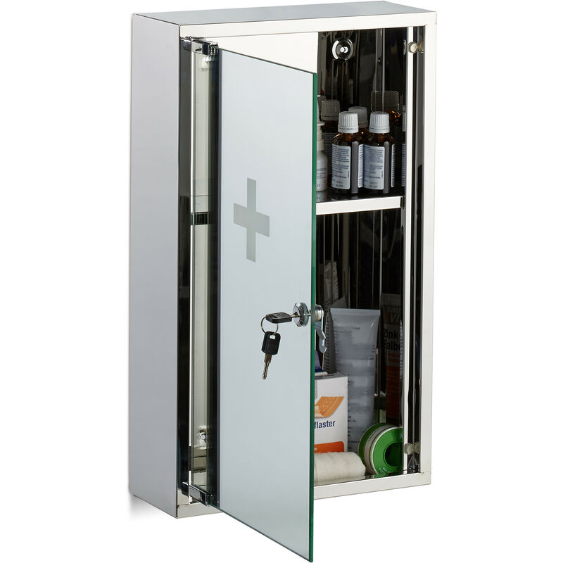 relaxdays armoire à pharmacie acier inox porte miroir ferme à clé 2 niveaux médicaments pansements 50x30x11cm, argenté