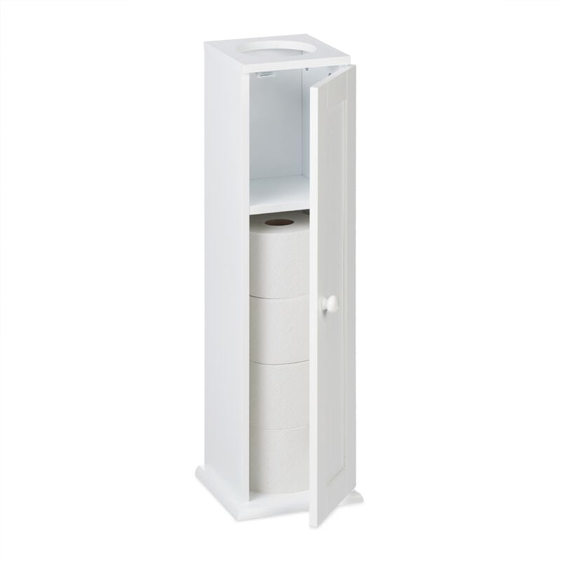 Relaxdays Armoire salle de bain pour papier toilette, trou lingettes humides, HxLxP : 65x19,5x19,5 cm, porte, MDF, blanc