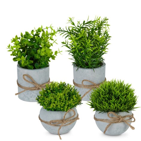 Relaxdays Artificial Plants, 4-Piece Set, Potted Faux Greenery, Plastic & Stone, Grass, Rosemary & Boxwood, Green/Grey