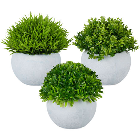 Relaxdays Artificial Plants, Set of 3, Lifelike Grass & Boxwood, with Pots, Fake Greenery, Plastic Foliage, Grey/Green