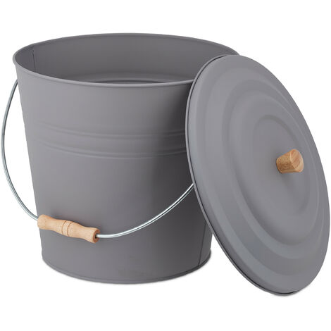 Relaxdays Ash Bucket with Lid, 12l, Charcoal Bin with Handle, Round, Fireplace/Stove/Barbecue, HWD: 32x35.5x33 cm, Grey