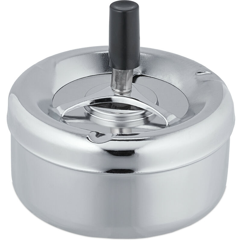 Relaxdays Ashtray with Spin Lid, Metal, Outside, Inside, HxD: 10.5 x 11.5 cm Diameter, Odourless, Windproof, Silver