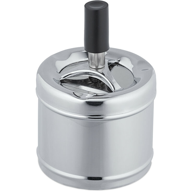 Ashtray with Spin Lid, Metal, Outside, Inside, HxD: 11.5 x 8 cm Diameter, Odourless, Windproof, Silver - Relaxdays