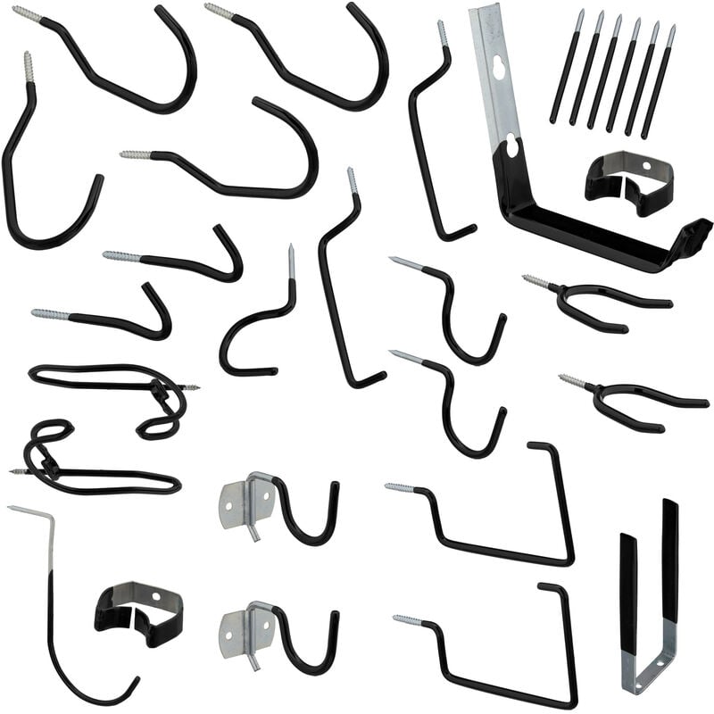 Relaxdays Assortiment de crochets muraux, lot de 30 pièces, support d'outils, PVC antidérapant, garage, atelier, noir
