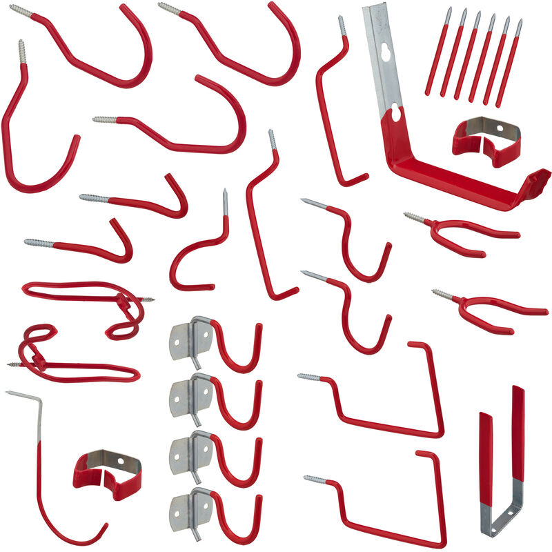 Relaxdays - Assortiment de crochets muraux, lot de 32 pièces, support pour outils de garage, outils de jardin, rouge