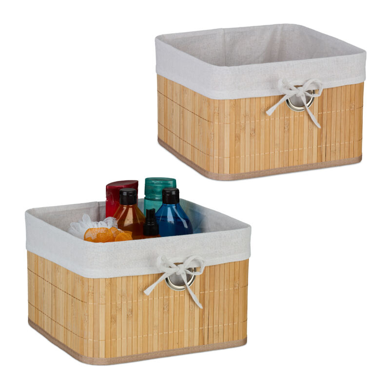 Aufbewahrungskorb 2er Set, Bambus, Stoffeinsatz, Hbt, 20x31x31 Cm, Körbchen Griffloch, Regalkorb, Natur/weiß - Relaxdays
