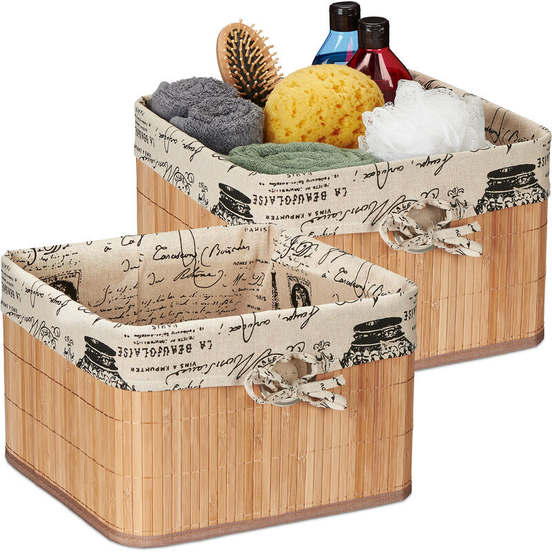 Relaxdays 2 X Aufbewahrungskorb, Bambus Und Polyester, H X B X T, 20 X 31 X 31 Cm, Körbchen Mit Griffloch, Regalkorb, Natur/creme