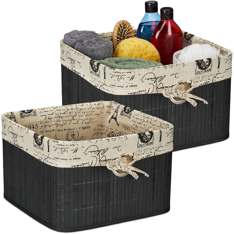 Relaxdays 2 X Aufbewahrungskorb, Bambus & Polyester, Hbt, 20 X 31 X 31 Cm, Körbchen Mit Griffloch, Regalkorb, Schwarz/creme
