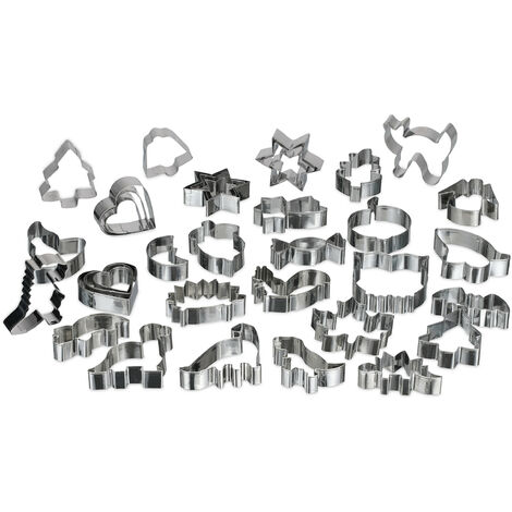 Relaxdays Ausstechformen 36er Set, ganzjährig, Keksausstecher, verschiedene Formen, Plätzchenformen, Edelstahl, silber