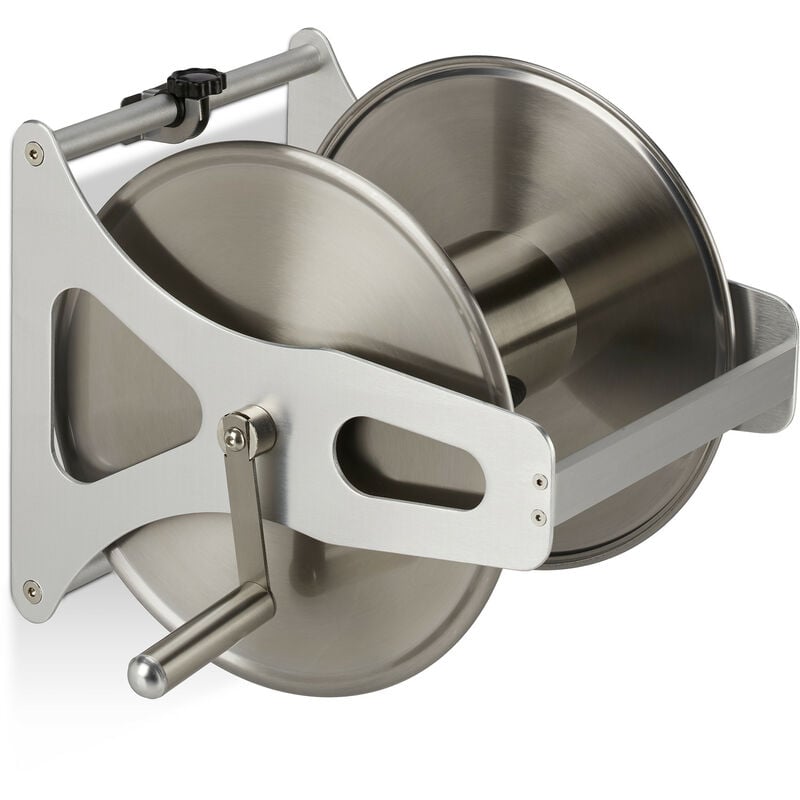 Hose Reel, Floor & Wall, h x w x d: 30.5 x 45 x 36.5 cm, Metal, Stainless Steel & Aluminium, Silver - Relaxdays