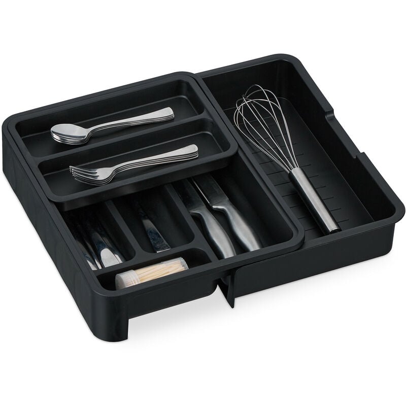 Relaxdays Bac à couverts extensible, bambou, H x L x P : 6,5 x 23,5-40 x 31,5 cm, 7 compartiments, en plastique, noir