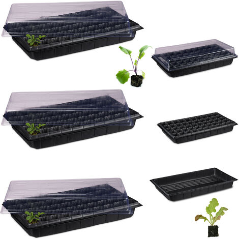   Bac à semis, lot de 3, mini serre pour rebord de fenêtre, plantation, 50 compartiments, HLP 12x56x29 cm, noir