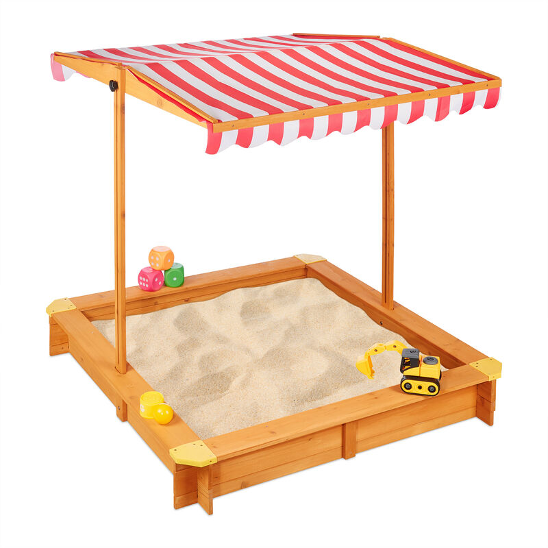 Bac à sable avec toit réglable, HxLxP: 117x117x117 cm, jeu extérieur, enfants textile sol, bois sapin,naturel - Relaxdays