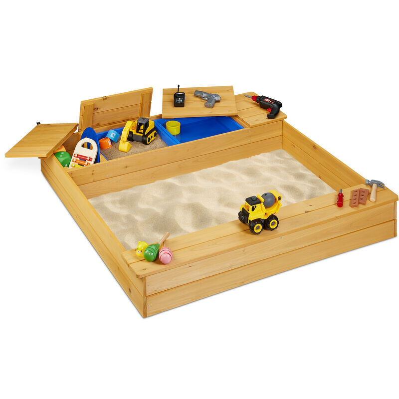 Bac à sable bois, compartiment à eau, caisse, plastique, bancs, 125 x 120 cm, jeu enfants extérieur, nature - Relaxdays