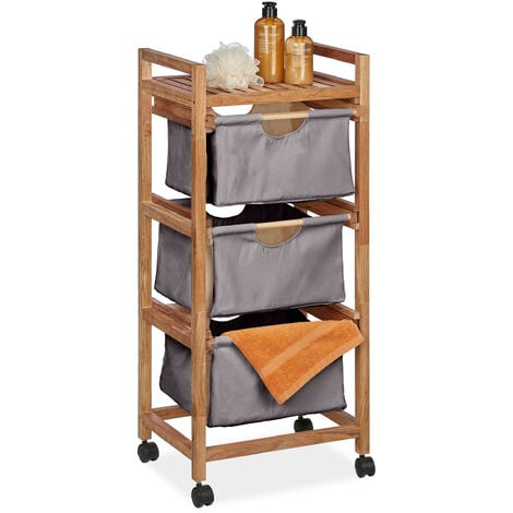 Relaxdays Badregal mit Wäschekorb, 1 offene Ablage & 3 Stoffkörbe, HBT: 96x43,5x33,5 cm, Standregal Walnuss, natur/grau