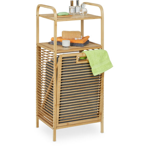 Relaxdays Badregal mit Wäschekorb, 2 Ablagen, HxBxT: 95 x 40 x 33 cm, kippbarer Wäschesammler, Bambus, Stoff, natur/grau