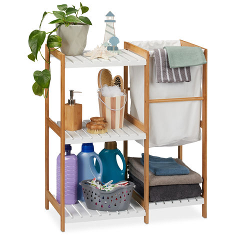   Badregal mit Wäschekorb, offen & stehend, Badezimmer Regal aus Bambus & MDF, HBT 76 x 65,5 x 33 cm, natur/weiß