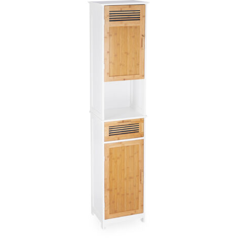 Relaxdays Badschrank, 2 Türen, 1 Schublade, Hochschrank, HxBxT: ca. 180 x 39 x 30 cm, Holz und Bambus, weiß-braun