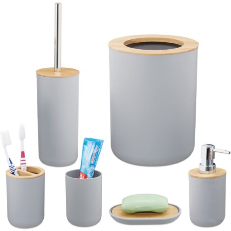 Relaxdays Bagno Completo, 6, bambù, Kit WC, Porta-Spazzolino, Dentifricio, Sapone e Saponetta, Grigio, Acciaio Inox, Set da 6X Accessori