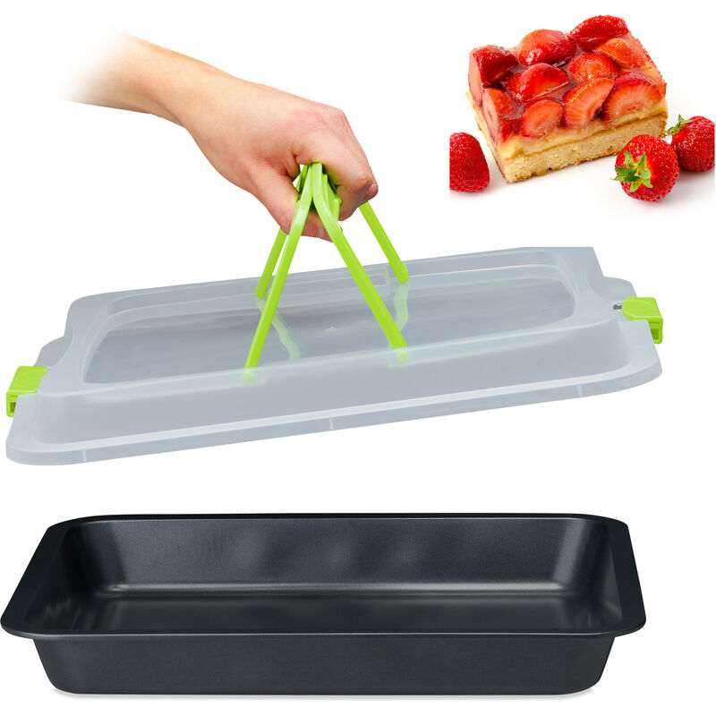 Baking Tray with Lid, Cake Carrier, Kitchen Storage Container with Handles, 3in1, WxD: 40x33, Green/Black - Relaxdays