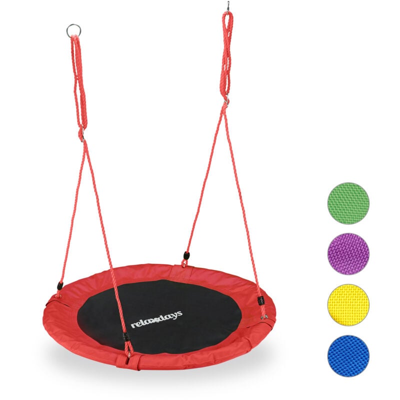 Balançoire nid d'oiseau rond 90 cm à suspendre enfant adulte jardin extérieur ø 90 cm, 100 kg , rouge - Relaxdays