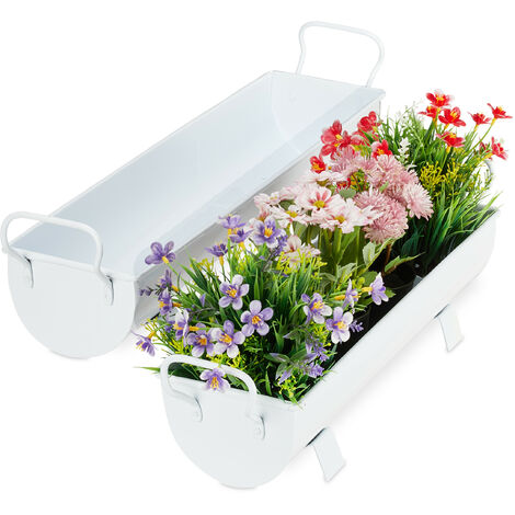 Relaxdays Balconnière gouttière pot de fleurs métal jardinière zinc jardin bac à fleurs déco set de 2, blanc