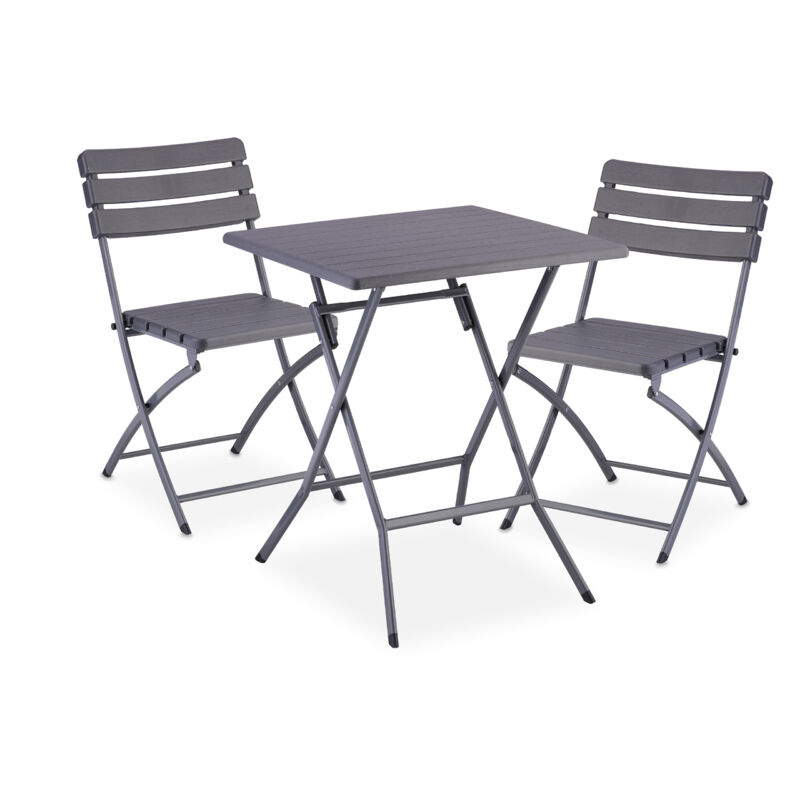 Relaxdays - Balcony Furniture Set, 3-piece, 1 Table & 2 Chairs, Foldable, Garden Set In Wood Look, Steel & Plastic, Grey