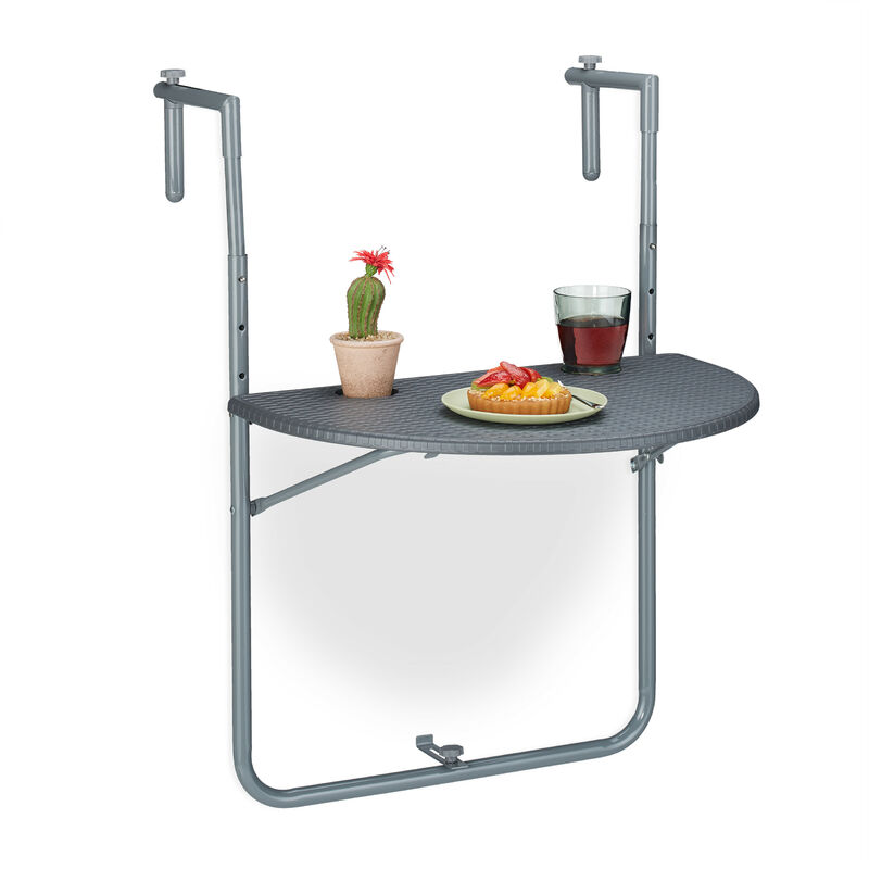 Balcony Hanging Table Foldable, WxD: 59.5 x 63 cm, Height Adjustable, 2 Cup Holders, Grey - Relaxdays