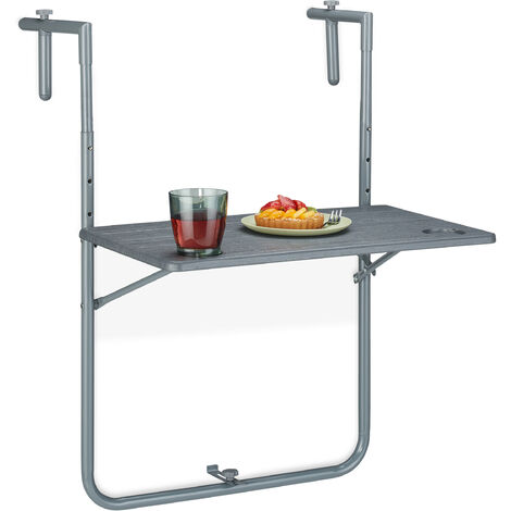 Relaxdays Balcony Hanging Table Foldable, WxD: 59.5 x 63 cm, Height Adjustable, 2 Cup Holders, Grey
