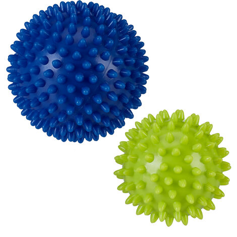 Relaxdays Balle massage, lot de 2, boule hérisson dure, outil automassant avec picots, sport, Ø 9 & 7,5 cm, vert-bleu