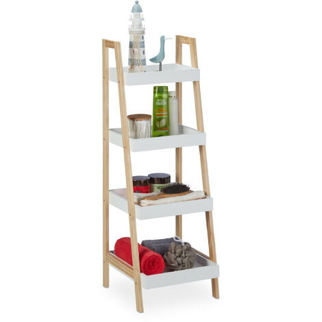 Relaxdays Bamboo Bathroom Caddy, 4 Shelves, Scandinavian Look, Free-Standing, HWD: 98.5 x 34.5 x 36 cm, White/Natural