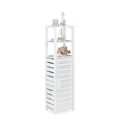 Relaxdays Bamboo Bathroom Shelf With Door Free Standing Shelf 6 Storage Shelves Tall Hwd 119 X 33 X 25 5 Cm White 6100241946717