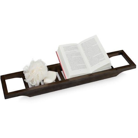 Relaxdays Bamboo Bathtub Tray, 70 cm Wide, Over the Bath Caddy, Rack, Wooden Bathroom Accessory, Organiser, Dark Brown