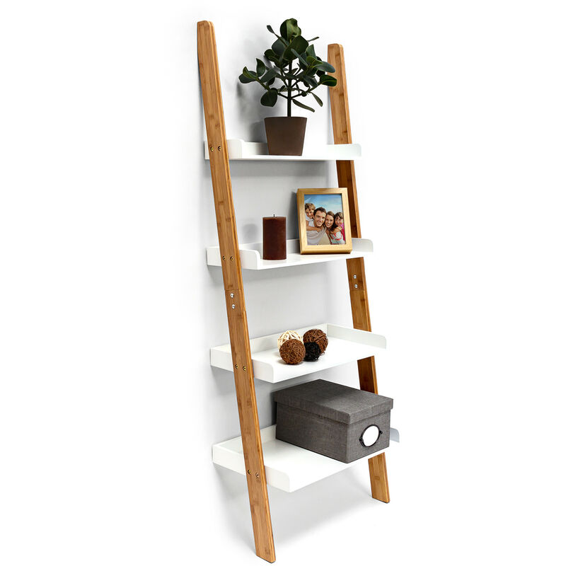 Bamboo Bookcase, hwd: 144 x 56 x 34 cm Ladder Shelf Unit with 4 Shelves, Living Room, Office Furniture, White - Relaxdays