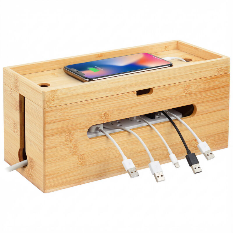 Relaxdays Bamboo Cable Box, Hwd, 16x34x13.5 Cm, For 6-socket Strip, Cable Organiser With Lid & Cable Ties, Natural