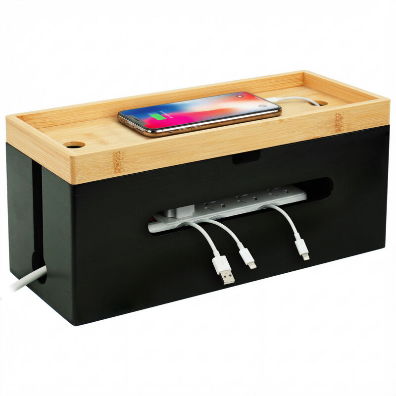 Relaxdays Bamboo Cable Box, Hxwxd 16x34x13.5 Cm, For 6-socket Power Strip, With Lid & Cable Ties, Natural/black