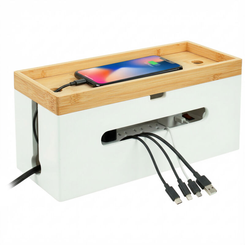 Relaxdays Bamboo Cable Box, 16x34x13.5cm, For 6-socket Strip, Cable Organiser W/ Lid & Ties, Natural/white