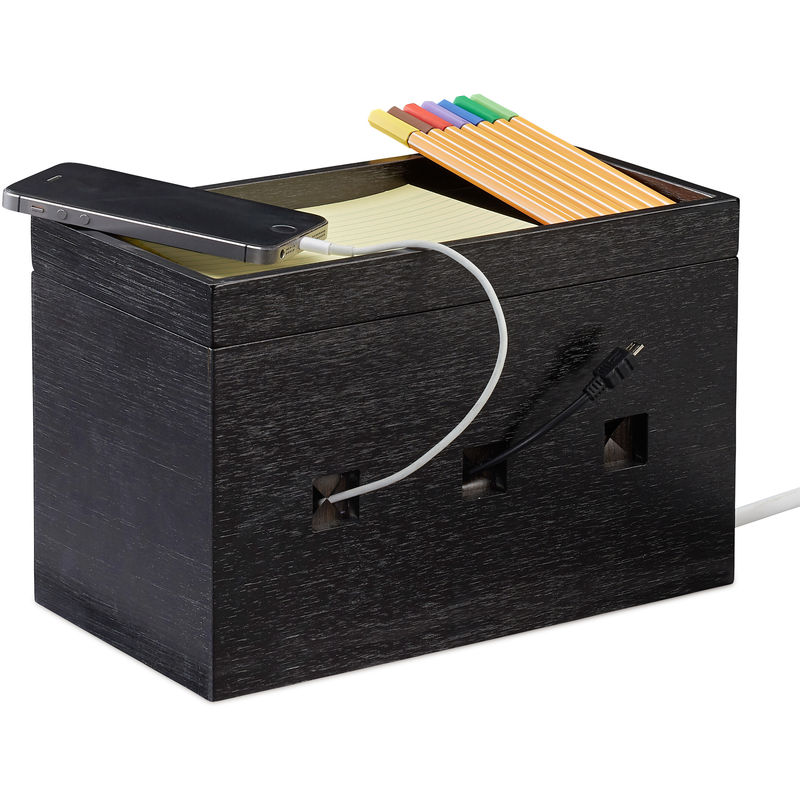 Bamboo Cable Box, Hide Lead Extensions & Cables, Desk Organiser, 16.5x25.5x14cm, Black - Relaxdays