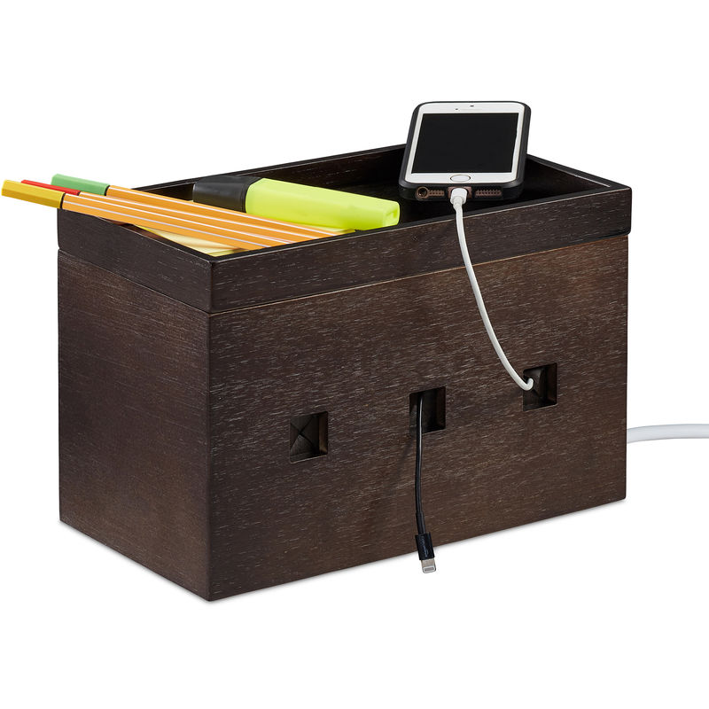 Bamboo Cable Box, Hide Lead Extensions & Cables, Desk Organiser, 16.5x25.5x14cm, Dark Brown - Relaxdays