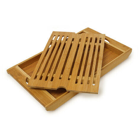 Relaxdays Bamboo Chopping Board, 3 x 37 x 21.5 cm, with Bread Crumb Collector Tray, Easy to Clean, Natural Brown