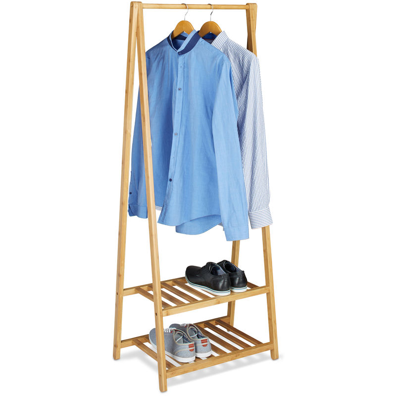 Bamboo Clothes Stand, 2 Shelves, Garment Rails, HxWxD: 150 x 60 x 40 cm, Portable Wardrobe, Small, Natural Brown - Relaxdays