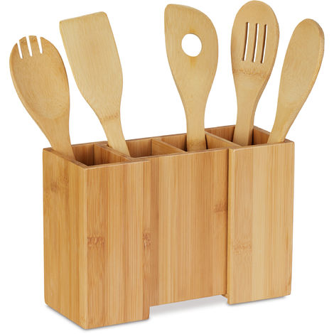 Relaxdays Bamboo Cutlery Holder, Set of 5 Cooking Utensils, Extendable Caddy, H x W x D: 17 x 25 x 10 cm, Natural