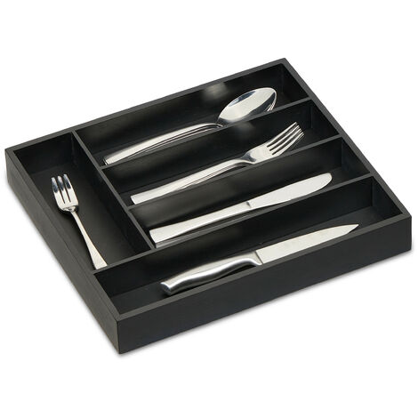 Relaxdays Bamboo Cutlery Tray, 5 Compartments, HWD: 5 x 34 x 30 cm, Kitchen Drawer Insert, Silverware Organiser, Black
